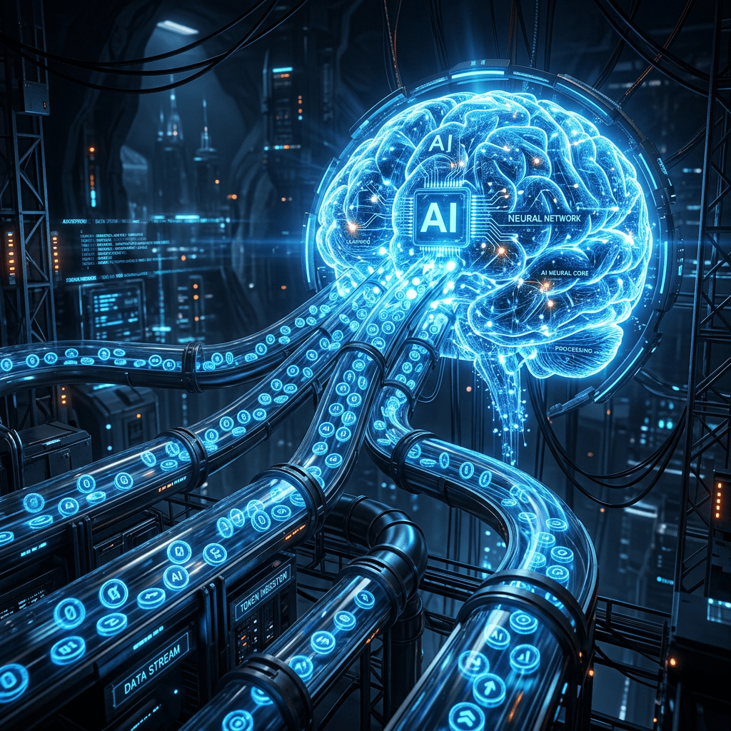 Digital brain representing AI neural network connected to multiple data streams